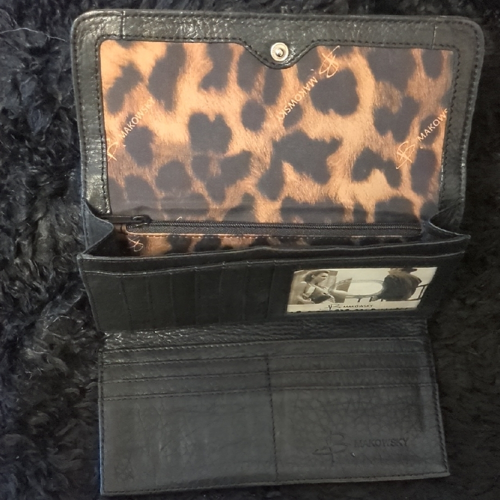 B. Makowsky Black Leather Clutch with Silver Logo Plate - Picture 3 of 7